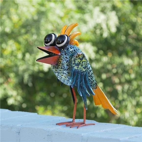 11"Tall Metal Wide-Eyed Bird Standing Yard Statue Decoration, Multicolor Outdoor - Picture 2 of 6